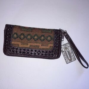 Savannah Brown and Green Wristlet‎ Tapestry/leather/brads Southwest Style  4x8”